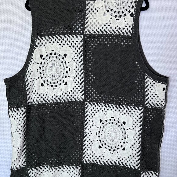 Forever 21 Men’s XXL Sweater Vest Olive Cream‎ Patchwork Crochet Knit Sleeveless - Picture 10 of 11